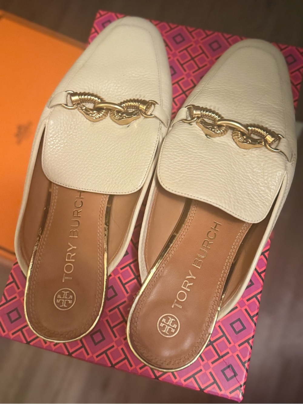 Tory Burch Cream Leather Chain-Trim Mules